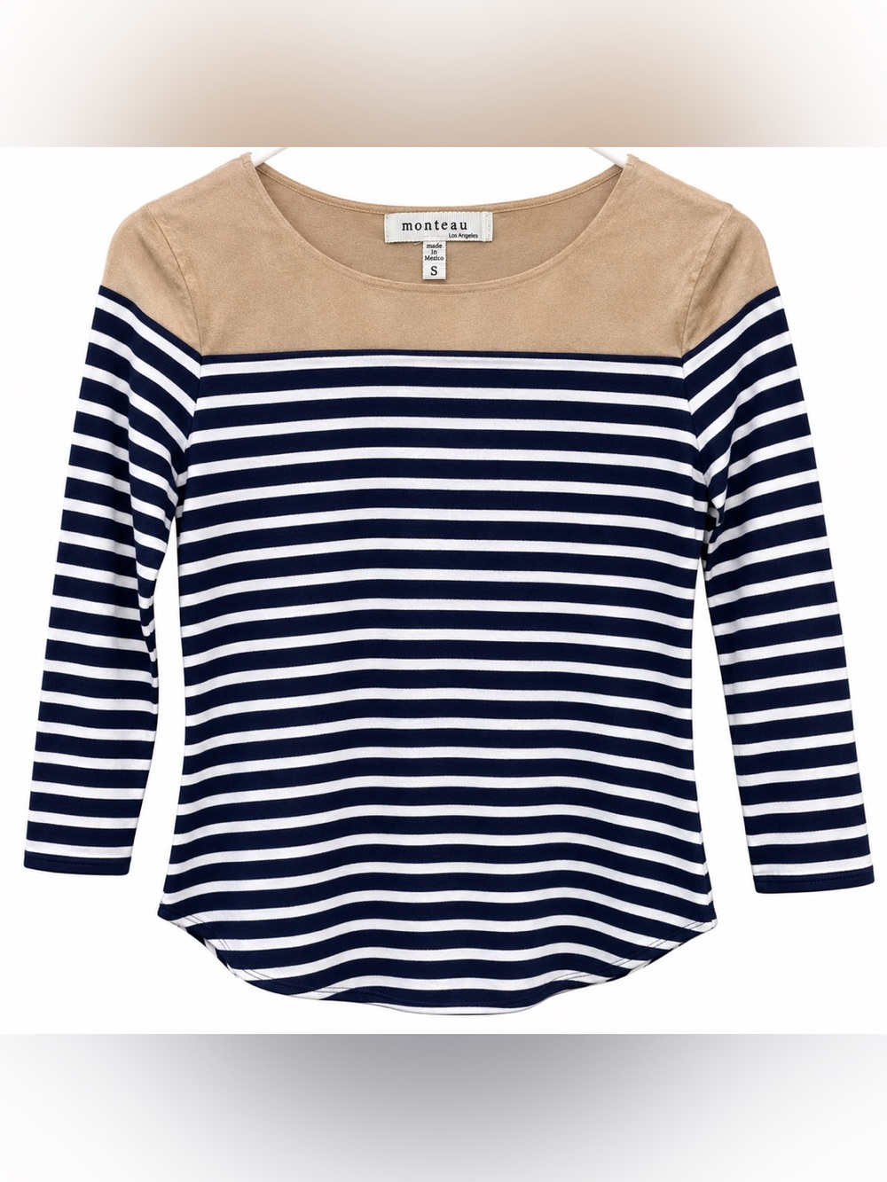 Monteau Los Angeles S Striped Elbow Patch Top Navy White Tan Raglan